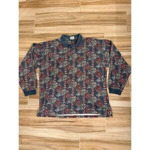 Vintage Izod Lacoste Long Sleeve Polo Shirt XL Geometric Abstract Print Cotton